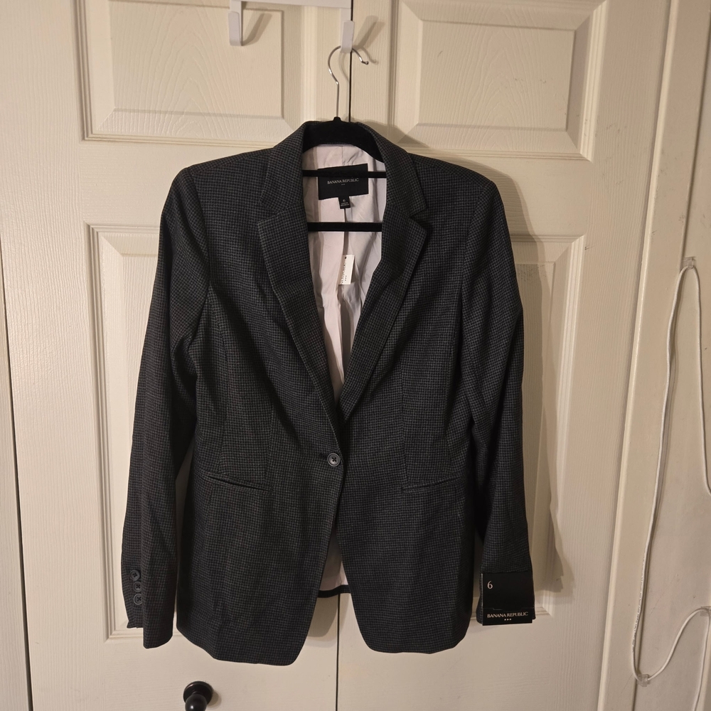 NWT Banana Republic Black Gray Charcoal Blazer Subtle Houndstooth